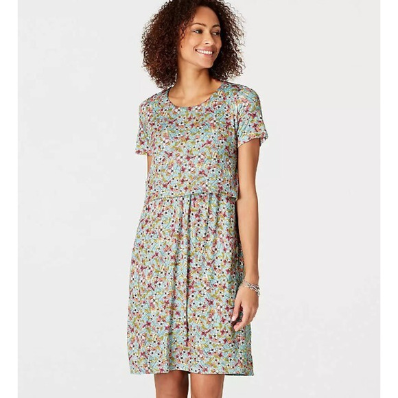J. Jill $99 Medium Blue Pink Green Floral Overlay Stretch Knit Dress w/ Pockets - Picture 1 of 14